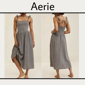 Aerie At The Barre Flutter Sleeve Dress Brown Gingham Women’s L NWT